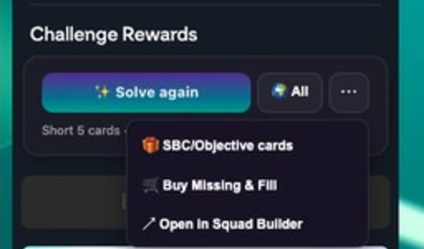 The FutCheck block in EA's SBC challenge panel, with the overflow menu open