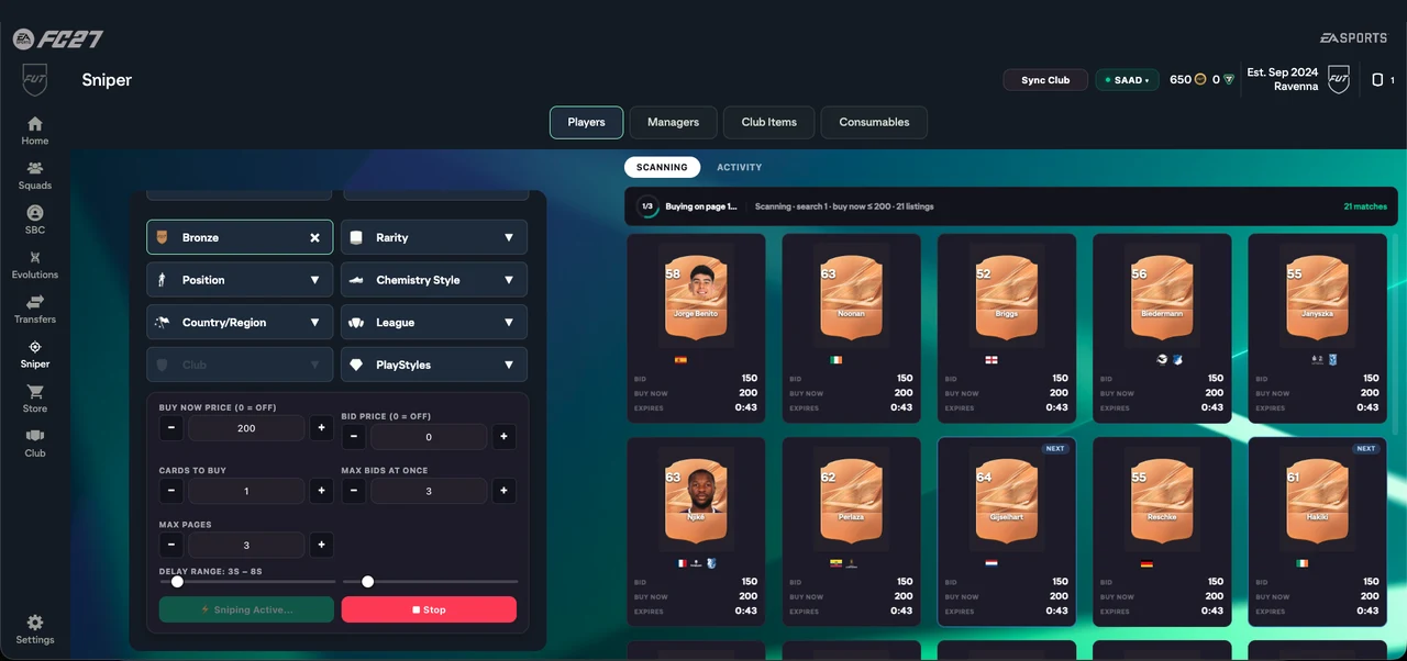 The FutCheck sniper scanning the transfer market inside the EA Web App