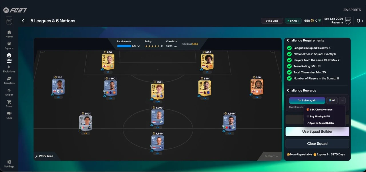 A solved squad on the pitch in the EA Web App, with all six challenge requirements met